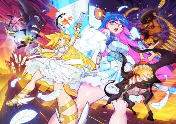 angel_wings blonde_hair blue_eyes chuck_(psg) corset_(psg) dress dual_wielding garterbelt_(psg) gofa gun handgun highres holding kneesocks_(psg) long_hair multicolored_hair nude open_mouth panty_&amp;_stocking_with_garterbelt panty_(psg) scanty_(psg) sexually_suggestive shell_casing siblings sisters smile stocking_(psg) striped_clothes thighhighs weapon white_dress wings