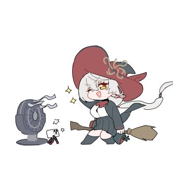 absurdres blue_archive bow bowtie braid broom broom_riding broomstick cellphone chibi eri_(blue_archive) fan gun halo hat highres jacket long_coat long_hair one_eye_closed panties phone shirt skirt smartphone sweater underwear weapon white_hair witch_hat