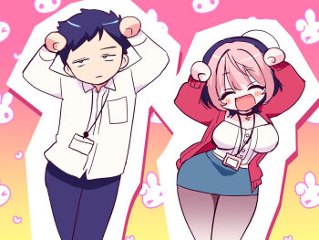 Rule 34 | 1boy, 1girl, :d, :|, ^ ^, akiyama enma, arms up, black hair, black pants, black pantyhose, breast pocket, breasts, caramelldansen, cardigan, clenched hands, closed eyes, closed mouth, collared shirt, colored bangs, cowboy shot, dress shirt, facing viewer, gradient background, highres, jitome, lanyard, large breasts, leaning to the side, miniskirt, multicolored hair, noa-senpai wa tomodachi., ootsuka rihito, open mouth, orange eyes, outline, pants, pantyhose, parody, pencil skirt, pink hair, pocket, rabbit background, red cardigan, saotome noa, shirt, short hair, skirt, smile, thick outlines, two-tone hair, unamused, very short hair, white outline, white shirt