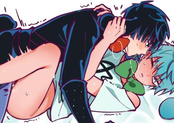 Rule 34 | 2boys, alien stage, anal, animal ears, bed sheet, black eyes, black hair, blue hair, blur censor, blush, bottomless, bow, bowtie, censored, commentary, green bow, green bowtie, green eyes, highres, ivan (alien stage), kemonomimi mode, kkarapple, lying, missionary, multiple boys, on back, one eye closed, rabbit boy, rabbit ears, rabbit tail, red bow, red bowtie, red pupils, sex, shaking, sweat, sweatdrop, tail, till (alien stage), untranslatable commentary, white background, yaoi