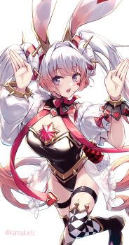 1girl absurdres animal_ears asymmetrical_legwear black_boots black_leotard black_wrist_cuffs blush boots breasts checkered_clothes checkered_legwear closed_mouth commentary_request detached_collar donut_hair_bun double_bun drill_hair duel_monster facial_mark grey_hair hair_bun heart heart_facial_mark highres kanzakietc leotard long_hair maliss_&lt;p&gt;_white_rabbit medium_breasts multicolored_hair pink_eyes pink_hair purple_eyes rabbit_ears rabbit_girl simple_background sitting solo spiked_hair_ornament spiked_wristband twin_drills twintails twitter_username two-tone_hair very_long_hair white_background white_hair wrist_cuffs yu-gi-oh!