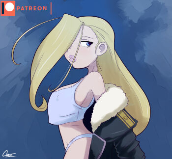 Rule 34 | 1girl, artist name, blonde hair, blue coat, breasts, camisole, coat, coat partially removed, covered erect nipples, cowboy shot, crot, eyelashes, female focus, from side, fullmetal alchemist, fur-trimmed coat, fur trim, hair over one eye, large breasts, lips, lipstick, long hair, looking at viewer, looking to the side, makeup, multicolored coat, olivier mira armstrong, panties, patreon logo, pink lips, serious, solo, standing, two-tone coat, underwear, white camisole, white coat, white panties