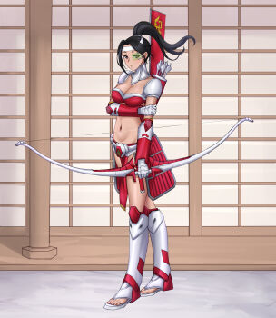 1girl absurdres arm_under_breasts armor armored_legwear arrow_(projectile) bad_id bad_pixiv_id banner bikini_armor black_eyes black_hair bow_(weapon) breasts character_request chinese_commentary cleavage closed_mouth collarbone command_&amp;_conquer command_&amp;_conquer:_red_alert command_&amp;_conquer:_red_alert_3 commentary_request full_body gauntlets green-tinted_eyewear groin headband highres holding holding_bow_(weapon) holding_weapon japanese_armor kusazuri long_hair looking_at_viewer medium_breasts midriff navel outdoors parted_bangs pelvic_curtain pillar ponytail quiver red_alert_3 red_armor sandals sashimono scouter shadow shoulder_armor solo standing tinted_eyewear visor_(armor) weapon white_headband white_legwear yeklsa
