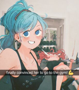 Rule 34 | 2girls, :t, alt text, alternate hairstyle, aqua hair, barbell, bare shoulders, bench press, black tank top, blue eyes, breasts, commentary, crop top, drill hair, dumbbell, earrings, emoji, exercising, failure, fatass teto (meme), fitness gym, game controller nipples (meme), game controller print, hatsune miku, high ponytail, highres, holding, holding dumbbell, indoors, jewelry, kasane teto, long hair, looking at viewer, lying, medium breasts, meme, multiple girls, navel, no bra, on back, peeing, peeing self, photo background, ponytail, puffy cheeks, red hair, shorts, smile, snapchat, spindle (aidenr0), stained shorts, stomach, strangling, tank top, twin drills, untranslatable commentary, utau, vocaloid, wall-eyed, weight bench, weightlifting, weights