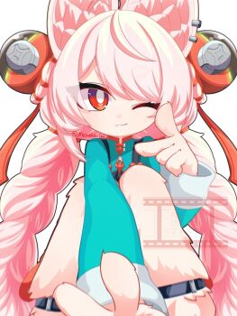 1girl ahoge animal_ear_fluff animal_ears ankle_strap body_fur braid closed_mouth furry furry_female green_shirt long_hair looking_at_viewer meineko_lui one_eye_closed pink_fur pink_hair rabbit_ears rabbit_girl shirt smile solo twin_braids very_long_hair white_background zenless_zone_zero zhao_(zenless_zone_zero)