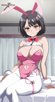 Rule 34 | 1girl, absurdres, animal ear hairband, animal ears, black hair, blush, bow, bowtie, breasts, cleavage, clothing cutout, embarrassed, fake animal ears, goddess of victory: nikke, hairband, highres, implied vibrator, indexryo, indoors, large breasts, leotard, looking at viewer, milk (blooming bunny) (nikke), milk (nikke), navel cutout, official alternate costume, pantyhose, pink leotard, playboy bunny, rabbit ear hairband, rabbit ears, shiny skin, short hair, side-tie leotard, sitting, solo, vibrator cord, white pantyhose, yellow eyes