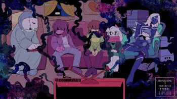 1other 2girls 3boys :3 animal_ears blue_pants blue_skin breathing_smoke brown_hair closed_eyes colored_skin couch curtains deltarune film_grain full_body glasses goat_boy goat_ears goat_girl group_picture hat indoors kris_(dark_world)_(deltarune) kris_(deltarune) lancer_(deltarune) looking_at_viewer multiple_boys multiple_girls night nightcap nightgown on_couch own_hands_together pants pink_scarf pink_skin ralsei red_eyes round_eyewear rouxls_kaard scarf shaded_face short_hair sitting sleeping smile smoke split_theme susie_(deltarune) taharu_(papiyas) television toriel twitter_username utdr_(toby_fox) watermark window