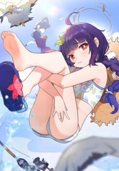 1girl ahoge bare_legs barefoot bird blue_archive blush braid bright_pupils crocs fang feet fishing_rod grey_halo halo hat highres huge_ahoge hugging_own_legs leaf leaf_on_head legs_up loli long_braid long_hair looking_at_viewer miyu_(blue_archive) miyu_(swimsuit)_(blue_archive) red_eyes seagull shoes shu_li_zhi_meng single_shoe skin_fang soles starfish straw_hat swimsuit toes twin_braids white_pupils