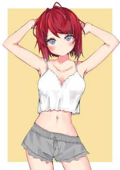 1girl absurdres alternate_breast_size_(larger) ange_katrina ange_katrina_(loungewear) armpits arms_up bare_arms blush border breasts camisole closed_mouth collarbone commentary_request contrapposto cowboy_shot grey_shorts hair_intakes hair_ornament hairclip hairpin highres looking_at_viewer medium_breasts medium_hair midriff multiple_hairpins navel nijisanji otapapa outside_border purple_eyes red_hair shorts simple_background solo straight-on swept_bangs virtual_youtuber white_border white_camisole yellow_background