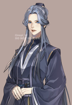 Rule 34 | 1girl, blue eyes, blue hair, blue hanfu, brown background, chinese clothes, commentary request, eyelashes, hair bun, hanfu, highres, ling wen, long hair, long sleeves, looking at viewer, own hands together, parted lips, ponytail, sidelocks, simple background, single hair bun, solo, tassel, tianguan cifu, twitter username, upper body, very long hair, watermark, wide sleeves, xiao guan (headdress), yaopei, ykmr (haga)