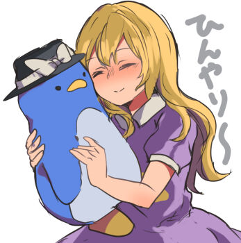 1girl bird blonde_hair closed_eyes dress fedora hat hugging_object long_hair maribel_hearn no_headwear penguin purple_dress shukinuko smile squeezing stuffed_animal stuffed_penguin stuffed_toy touhou translation_request upper_body