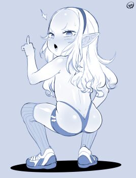 1girl aged_down annoyed artist_logo blush born-to-die clothes_pull dark-skinned_female dark_elf dark_skin elf elf-san_wa_yaserarenai. embarrassed female_focus forehead from_behind hairband hand_on_own_hip hand_up highleg highleg_panties highres kuroeda_(elf-san_wa_yaserarenai.) logo loli long_hair looking_at_viewer looking_back middle_finger monochrome no_bra open_mouth over-kneehighs panties pointy_ears short_shorts shorts shorts_pull simple_background socks solo squatting striped_clothes striped_socks surprised teeth thighhighs topless_female underwear upper_teeth_only vertical_stripes