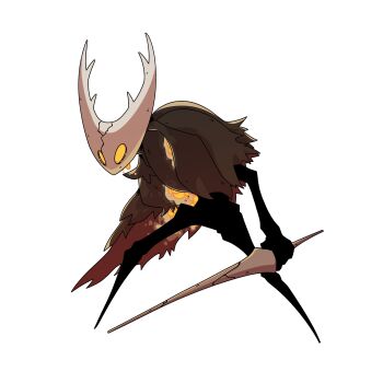 1other absurdres commentary crack english_commentary full_body grey_cloak highres holding holding_weapon hollow_knight hollow_knight_(character) horns missing_limb nail_(hollow_knight) orange_eyes other_focus pr_quote simple_background solo standing weapon white_background