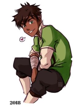 1boy 2018 artist_request avatar_legends bad_source brown_hair dark-skinned_male dark_skin feet_out_of_frame from_side green_eyes heart kai_(avatar) looking_to_the_side male_focus niko_art simple_background smile solo spoken_heart the_legend_of_korra white_background