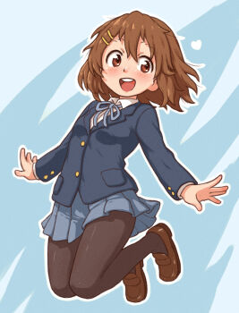 1girl :d beachepisode black_pantyhose blue_background blue_jacket blue_ribbon blue_skirt blush brown_eyes brown_hair brown_shoes commentary duplicate full_body hair_ornament hairclip highres hirasawa_yui jacket k-on! lapels loafers long_sleeves neck_ribbon notched_lapels open_mouth outline pantyhose parallel_hairclips pleated_skirt ribbon sakuragaoka_high_school_uniform school_uniform shoes short_hair skirt smile solo symbol-only_commentary white_outline wing_collar winter_uniform