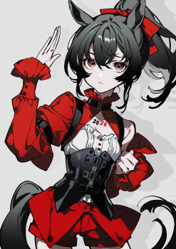 1girl 2026 absurdres animal_ears black_corset black_hair breasts brown_eyes chinese_zodiac cleavage closed_mouth corset eyebrows_hidden_by_hair hair_between_eyes hair_ribbon hatsutahaku highres horse_ears horse_girl horse_tail medium_hair original ponytail red_ribbon red_shorts ribbon shorts shrug_(clothing) small_breasts solo tail year_of_the_horse