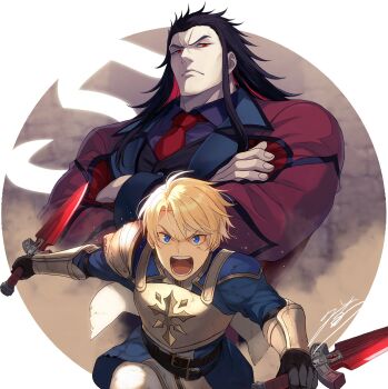 2boys armor black_hair black_vest blonde_hair blue_eyes commentary_request dual_wielding highres holding holding_sword holding_weapon long_hair mikata_ga_yowasugite_hojo_mahou_ni_tesshiteita_kyuutei_mahoushi_tsuihou_sarete_saikyou_wo_mezashimasu multiple_boys necktie red_eyes red_necktie regulus_galdana reverse_grip short_hair shoulder_armor sword vest vogan_forneus weapon yuunagi_(seventh_heaven)