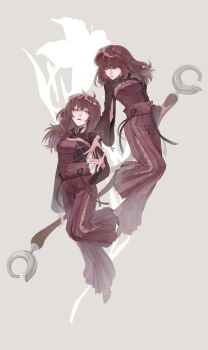 2girls anmoko0520 commentary devola dress flower grey_background highres holding holding_staff long_hair looking_at_viewer multiple_girls nier nier_(series) pants popola red_dress red_hair red_pants siblings sisters staff white_flower