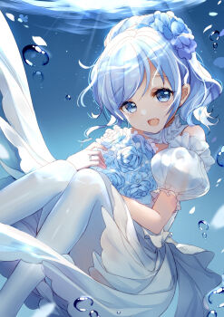 1girl :d air_bubble bare_shoulders bison_cangshu blue_eyes blue_flower blue_hair blue_rose bouquet bubble commentary_request detached_sleeves dress feet_out_of_frame female_focus flower hair_flower hair_ornament highres jewelry long_hair looking_at_viewer open_mouth ornate_ring pantyhose ponytail puffy_short_sleeves puffy_sleeves ring rose see-through_clothes see-through_sleeves short_sleeves sigsbee_(warship_girls_r) smile solo strapless strapless_dress underwater warship_girls_r water wedding_dress wedding_ring white_dress white_pantyhose white_sleeves