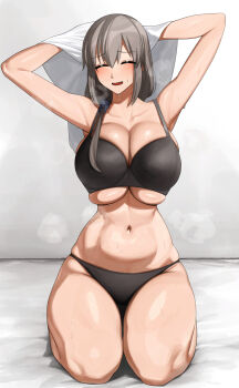 1girl ^_^ alternate_costume armpits arms_up bed_sheet bikini black_bikini blush breasts brown_hair cleavage closed_eyes collarbone commentary_request curvy hair_over_shoulder highres huge_breasts long_hair mature_female navel seiza senju_(snz0) shirt sitting skindentation smile solo steaming_body stomach sweat swimsuit underboob undressing uzaki-chan_wa_asobitai! uzaki_tsuki white_shirt