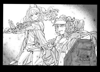 2girls :d angelina_(arknights) animal_ears arknights ballistic_shield blush coat cow_girl cow_horns croissant_(arknights) dot_nose earpiece floating_hair fox_ears fox_girl gloves greyscale hairband hammer highres holding holding_hammer holding_shield holding_staff horns long_hair midriff monochrome multiple_girls navel nyap open_clothes open_coat open_mouth shield short_shorts shorts simple_background smile sports_bra staff teeth twintails upper_teeth_only visor_cap war_hammer weapon white_background