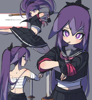 1girl alternate_costume ankle_socks bandaged_arm bandages black_gloves black_sailor_collar black_serafuku black_shirt black_shoes black_skirt bright_pupils chest_sarashi colored_tips commentary_request cowboy_shot crop_top floating_hair flying_kick from_behind gloves grey_background hair_between_eyes hair_ornament highres holding holding_sword holding_weapon hyakkihime jumping kicking leaning_on_weapon long_hair looking_ahead multicolored_hair multiple_views navel neckerchief no_nose pleated_skirt ponytail princess_yokai purple_eyes purple_hair purple_neckerchief sailor_collar sarashi school_uniform serafuku shinai shirt shoes short_sleeves simple_background skirt socks sweat sword toothpick translation_request weapon white_socks youkai_(youkai_watch) youkai_watch