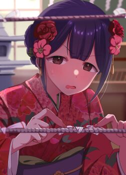 1girl absurdres alternate_hairstyle blunt_bangs blurry blurry_background blush braid braided_bun brown_eyes commentary depth_of_field fingernails floral_print flower hair_bun hair_flower hair_ornament hanayagi_kaoruko hands_up highres indoors japanese_clothes kamikawa_celery kimono long_sleeves looking_at_viewer miko obi obijime omikuji parted_lips print_kimono purple_hair red_flower red_kimono rope sash short_hair shoujo_kageki_revue_starlight single_hair_bun solo sweatdrop tassel tassel_hair_ornament tied_omikuji upper_body v-shaped_eyebrows wavy_mouth wide_sleeves