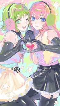 2girls :d absurdres black_gloves blue_eyes earmuffs elbow_gloves fur-trimmed_skirt fur_jacket fur_trim gloves green_eyes green_hair gumi happy_synthesizer_(vocaloid) heart heart_hands heart_hands_duo highres holding_hands interlocked_fingers jacket kani_samurai long_hair looking_at_viewer megurine_luka multiple_girls one_eye_closed open_mouth pink_hair short_hair skirt smile vocaloid