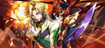 1boy blonde_hair blue_eyes bodysuit code_geass code_geass:_lost_stories f4samurai game_cg gino_weinberg gloves glowing glowing_eyes highres holding holding_weapon knightmare_frame looking_at_viewer male_focus mecha official_art red_eyes robot short_hair solo tristan_divider weapon white_gloves
