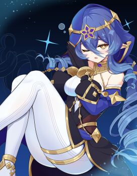 1girl bare_shoulders black_gloves blue_hair blue_hood blue_sleeves bracelet breasts circlet commentary_request detached_sleeves genshin_impact gloves gold_bracelet gold_collar gold_thighlet highres hood hood_up jewelry layla_(genshin_impact) long_hair one_eye_closed pantyhose parted_lips pointy_ears qixi_cui_xing solo thighlet white_pantyhose yellow_eyes