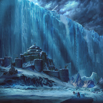 2boys a_song_of_ice_and_fire castle cliff eddie_mendoza fantasy grey_sky highres horseback_riding ice landscape medieval multiple_boys outdoors riding sky snow