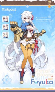 1girl ^_^ blue_background blue_boots blue_shrug boots breasts character_name cleavage closed_eyes commentary copyright_logo copyright_name copyright_notice double-parted_bangs english_commentary english_text full_body fur-trimmed_boots fur_trim fuyuka_(stella_sora) hair_flaps highres large_breasts leotard logo long_hair multiple_expressions official_art open_mouth pantyhose pantyhose_cutout peanut_mouth pink_eyes puffy_short_sleeves puffy_sleeves short_sleeves shrug_(clothing) spiked_gauntlets stella_sora very_long_hair white_hair white_leotard yellow_pantyhose
