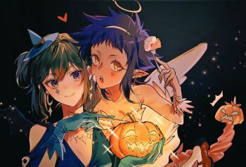 2girls angel_wings bat_wings blue_dress blue_gloves blue_hair closed_mouth collarbone d.gray-man dark-skinned_female dark_blue_hair dark_skin dress earrings food fork gloves green_hair halloween_costume halo hand_up hat highres holding holding_fork holding_pumpkin jewelry lenalee_lee lero long_hair looking_at_viewer marshmallow multiple_girls necklace open_mouth pointy_ears pumpkin purple_eyes road_kamelot rocheng short_hair spiked_hair sweets wings witch_hat wristband yellow_eyes