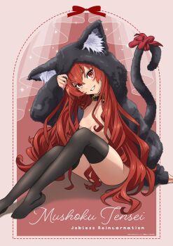 1girl animal_ear_hood animal_hood belt_collar black_pajamas black_thighhighs breasts cat_hood character_name collar collarbone copyright_name copyright_notice eris_greyrat fake_animal_ears foot_out_of_frame full_body grin hair_between_eyes hand_up highres hood hood_up kojima_hirokazu long_hair long_sleeves looking_at_viewer merchandise_available mushoku_tensei no_bra no_panties official_art open_pajamas outside_border pajamas partially_open_jacket pink_background red_eyes red_hair second-party_source sitting small_breasts smile solo thighhighs very_long_hair