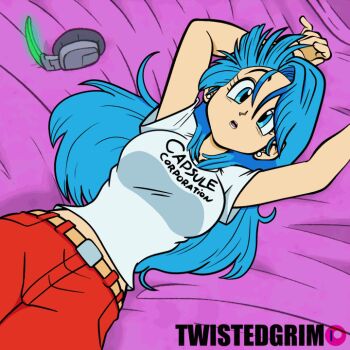 1girl animated animated_gif ass blue_eyes blue_hair breasts bulma denim dragon_ball dragonball_z earrings eyebrows female_focus jeans jewelry large_breasts legs long_hair matching_hair/eyes pants scouter solo twistedgrim unworn_eyewear