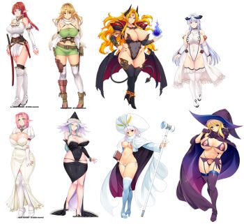 6+girls belt blonde_hair blue_eyes blue_hair breasts brown_hair bursting_breasts cleavage curvy demon_girl demon_horns demon_tail demon_wings dress elbow_gloves erectlip futanari_elf_kaikan_choukyou gloves green_hair hat horns huge_breasts jewelry knight kyonyuu_maou_no_haiboku large_breasts long_hair miniskirt multiple_girls nail_polish nipples nude oohara_kyuutarou ozawa_akifumi panties pink_hair pointy_ears ponytail red_eyes red_hair scepter skirt smile socks standing sword tail thick_thighs thighhighs thighs underwear very_long_hair weapon white_background wide_hips wings witch witch_hat yellow_eyes