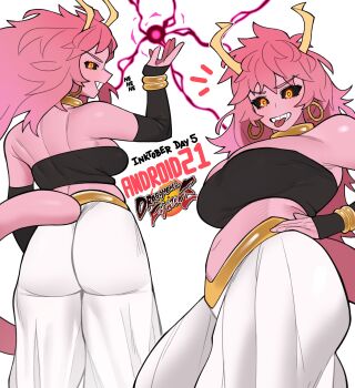 1girl absurdres android_21 android_21_(cosplay) ashido_mina bandeau black_bandeau black_sclera boku_no_hero_academia colored_sclera colored_skin copyright_name cosplay dragon_ball dragon_ball_fighterz female_focus gold_ring hand_on_own_hip harem_pants highres jewelry long_hair loopvoid messy_hair midriff multiple_views navel neck_ring orange_eyes pants pink_hair pink_skin pink_tail tail teeth tongue tongue_out trait_connection white_background white_pants