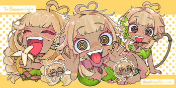Rule 34 | 1girl, ahoge, animal ears, artist name, banana, bananajuju, bikini, blonde hair, bomu art0502, brown eyes, brown tail, closed eyes, dark-skinned female, dark skin, food, fruit, heart, heart ahoge, highres, indie virtual youtuber, jewelry, leaf bikini, long hair, monkey ears, monkey girl, monkey tail, multiple views, necklace, open mouth, plant clothing, ringed eyes, swimsuit, tail, teeth, upper teeth only, virtual youtuber