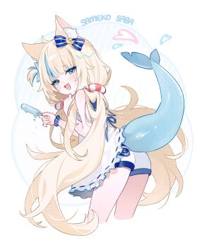 1girl animal_ear_fluff animal_ears ass blonde_hair blue_eyes blue_hair cat_ears character_name cropped_legs dress fang fins fish_girl fish_tail food frilled_sailor_collar frills fymrie highres holding holding_food holding_popsicle indie_virtual_youtuber lifebuoy_hair_ornament light_blush long_hair looking_at_viewer low_twintails melting_popsicle multicolored_hair one_side_up open_mouth popsicle sailor_collar sameko_saba shorts skin_fang solo streaked_hair tail twintails virtual_youtuber white_dress