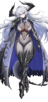 1girl absurdres black_horns blue_eyes cape closed_mouth clothing_request commentary covered_navel dated douhao_(cmza8875) full_body gluteal_fold grey_hair hair_between_eyes hair_intakes hand_up highres horns long_hair long_pointy_ears looking_at_viewer original pointy_ears purple_cape signature simple_background solo tail thigh_gap white_background