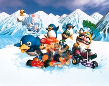 Rule 34 | 1990s (style), 3boys, afterimage, bird, bubble, cloud, driving, facial hair, kart, lakitu, lowres, luigi, male focus, mario, mario (series), mario kart, mario kart 64, mountain, multiple boys, mustache, nintendo, official art, outdoors, penguin, penguin (mario), racing, retro artstyle, sky, snow, sound effects, toad (mario), wario
