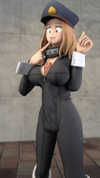 1futa 3d autopaizuri black_bodysuit bodysuit boku_no_hero_academia breasts brown_eyes brown_hair bulge cleavage curvy dentol finger_to_mouth futanari futanari_masturbation handsfree_paizuri hat highres huge_penis large_breasts masturbation medium_hair paizuri paizuri_under_clothes penis smile solo thighs uncensored utsushimi_kemii wrist_cuffs zipper