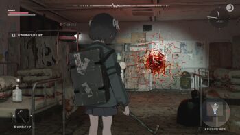 1girl backpack bag bed black_hair blood chair commentary_request drone fake_screenshot folding_chair hair_ribbon highres holding holding_lead_pipe hood hooded_coat lead_pipe lost_property_control_organization_(samidare) mattress ofuda original protagonist_(lost_property_control_organization) ribbon samidare_(hoshi) short_hair skirt t-6407j_(samidare) translation_request user_interface white_ribbon