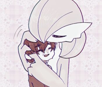 1girl 1other ^_^ androgynous blush bob_cut brown_hair brown_shirt chromatic_aberration closed_eyes colored_skin earclip flat_chest flat_color gardevoir gen_3_pokemon green_skin hair_over_one_eye hand_on_another&#039;s_head height_difference hug interspecies motion_lines multicolored_skin muted_color nintendo nose_blush one_eye_covered open_mouth original pokemon pokemon_(creature) pokemon_legends:_z-a shirt short_hair tears teeth two-tone_skin u_u upper_body white_skin wiping_tears yuri_(fl0werspace)