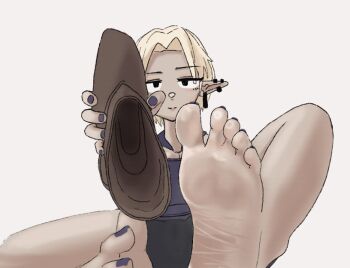 1girl animated animated_png barefoot black_eyes blonde_hair bootq boots charo_mmm dark_elf dark_skin elf feet foot_focus looking_at_viewer nail_polish pointy_ears shoes short_hair soles steam toes unworn_boots unworn_shoes