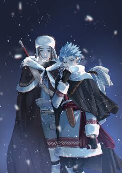 2boys black_capelet black_cloak black_gloves black_pantyhose blue_eyes blue_hair brown_hair camus_(dq11) capelet cloak coat cow dragon_quest dragon_quest_xi earrings fingerless_gloves fur-trimmed_coat fur-trimmed_headwear fur_trim gloves grey_coat grey_gloves hair_slicked_back hero_(dq11) highres hkkmrbs hoop_earrings jewelry male_focus multiple_boys pantyhose parted_bangs scarf short_hair snow sword sword_on_back weapon weapon_on_back white_scarf winter winter_clothes