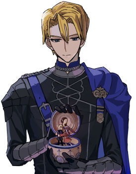 Rule 34 | 1boy, arm guards, blonde hair, blue capelet, blue eyes, box, brown hair, capelet, character doll, closed mouth, commentary, dimitri alexandre blaiddyd, dimitri alexandre blaiddyd (young), doll, edelgard von hresvelg, edelgard von hresvelg (young), fire emblem, fire emblem: three houses, garreg mach monastery uniform, hair between eyes, highres, holding, holding box, ikaikakka, long hair, long sleeves, looking down, male focus, mini person, mixed-language commentary, music box, nintendo, official alternate costume, sad, shade, solo, twintails, upper body