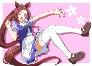 Rule 34 | 1girl, animal ears, blush, bow, bowtie, breasts, brown hair, commentary request, destino, flower in eye, full body, gold hairband, hairband, highres, horse ears, horse girl, horse tail, long hair, looking at viewer, medium breasts, one eye closed, open mouth, pleated skirt, ponytail, puffy short sleeves, puffy sleeves, purple bow, purple bowtie, purple eyes, purple shirt, sailor collar, sailor shirt, sakura bakushin o (umamusume), school uniform, shirt, shoes, short sleeves, skirt, smile, solo, symbol in eye, tail, thighhighs, tracen school uniform, umamusume, white sailor collar, white skirt, white thighhighs, zettai ryouiki