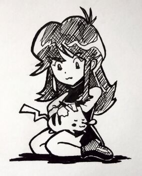 1girl :3 absurdres ahoge ankle_boots bare_shoulders black_boots black_dress boots breasts dress eyelashes female_focus full_body gen_1_pokemon gloves green_(pokemon) highres kneeling knees lap_pillow legs long_hair looking_at_another looking_down medium_breasts nintendo nose_bubble on_lap pikachu pilosophos pokemon pokemon_(creature) pokemon_adventures pokemon_on_lap short_dress side_slit sidelocks sketch sleeping thighs traditional_media turtleneck turtleneck_dress white_gloves