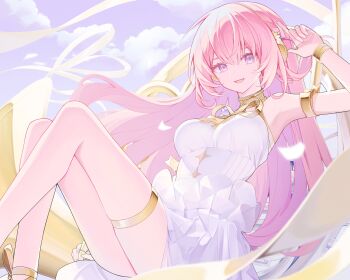 1girl absurdres armpits breasts cloud commentary dress highres large_breasts long_hair megurine_luka miku_symphony_(vocaloid) parted_lips pink_hair purple_eyes sky sleeveless sleeveless_dress smile solo sora_(men0105) symbol-only_commentary very_long_hair vocaloid white_dress